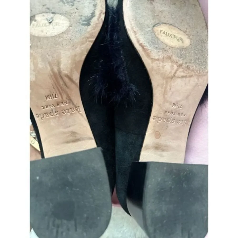 Kate Spade Faux Fur Block Mules Black Suede Gama size 7.5